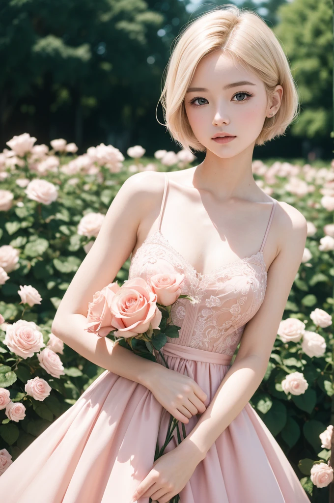 8k, CRU photo, Fujifilm, style photo of a beautiful young woman like Avril in a light pink rose garden (highly detailed skin: 1.2) Style-Petal BREAK short hair, blonde hair with colored highlights, wearing a dress, film grain, 35mm, cute style