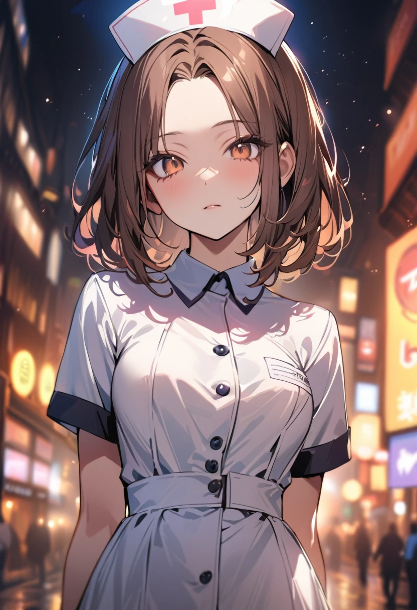 (masterpiece), (high resolution 8K), detailed eyes and face, detailed body, (extremely detailed and beautiful background), (depth of field:1.4), beautiful detailed glow light particles,
BREAK 1 girl, bob, center part, forehead, brown hair, piercing, brown eyes, expressionless,
BREAK model posing, nurse uniform, cowboy shot,