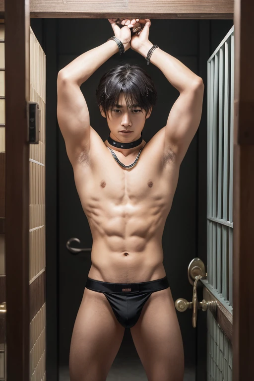 ((Highest quality)), ((masterpiece)), (detailed), Male idol half naked Japan photograph Genuine black trunks, collar, handcuffs, jail cell