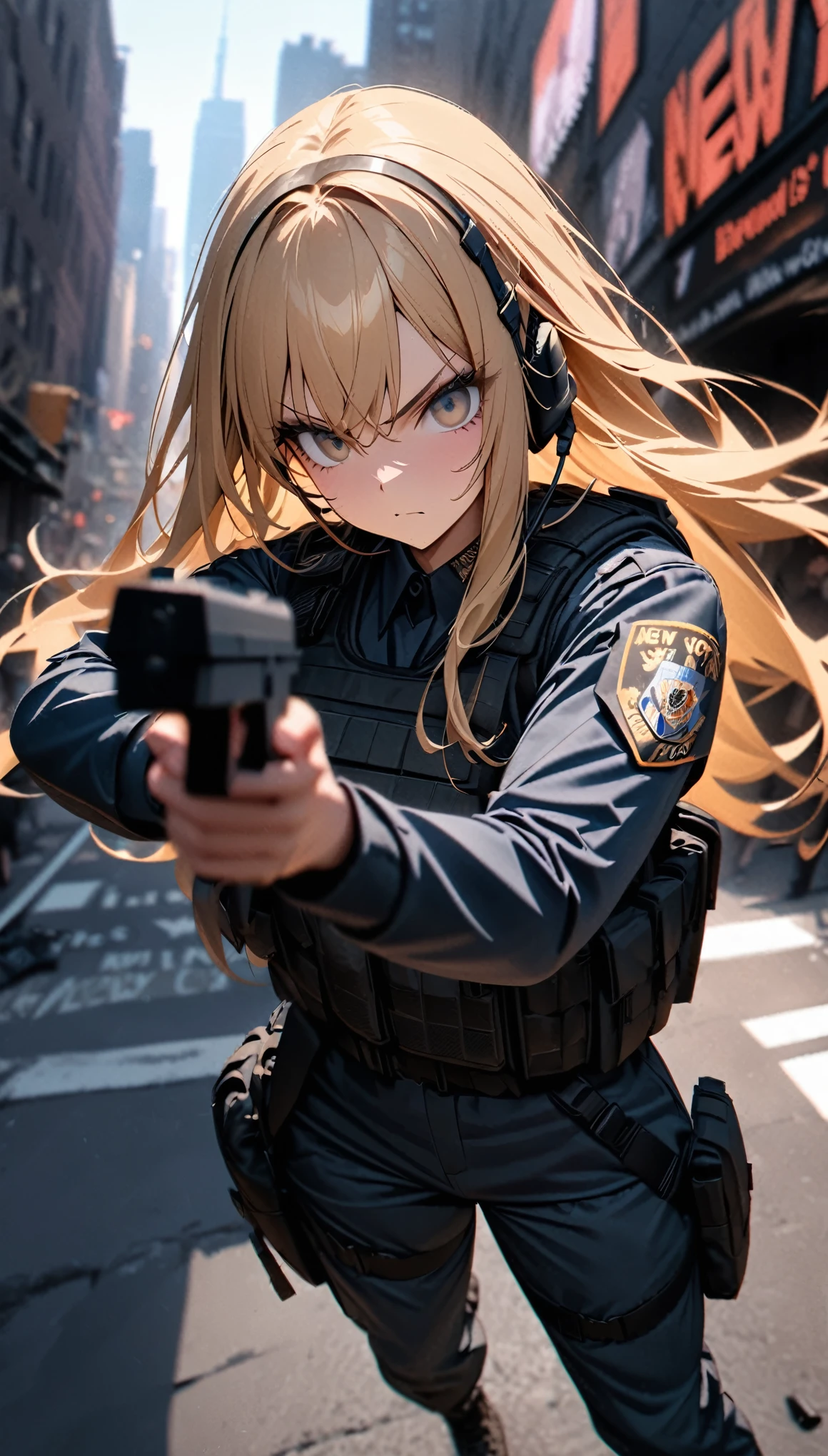 (masterpiece,Highest quality,Highest quality,Super detailed,High resolution),8k,wallpaper,One Woman,American Women,blonde,(Beautiful Eyes,Beautiful Hair,Beautiful Skin,Beautiful Face),Serious,whole body,(((Gunfight in a narrow alley))),(Dynamic Movement),((pistol)),New York City Police Department Special Forces Uniform,Bulletproof vest,Combat Boots,Tactical Forster,Tactical Headset,(The background is New York City:1.6),(((Background Blur)))