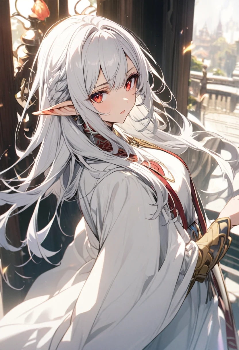 woman, white hair, red eyes, white robe, ear elf
