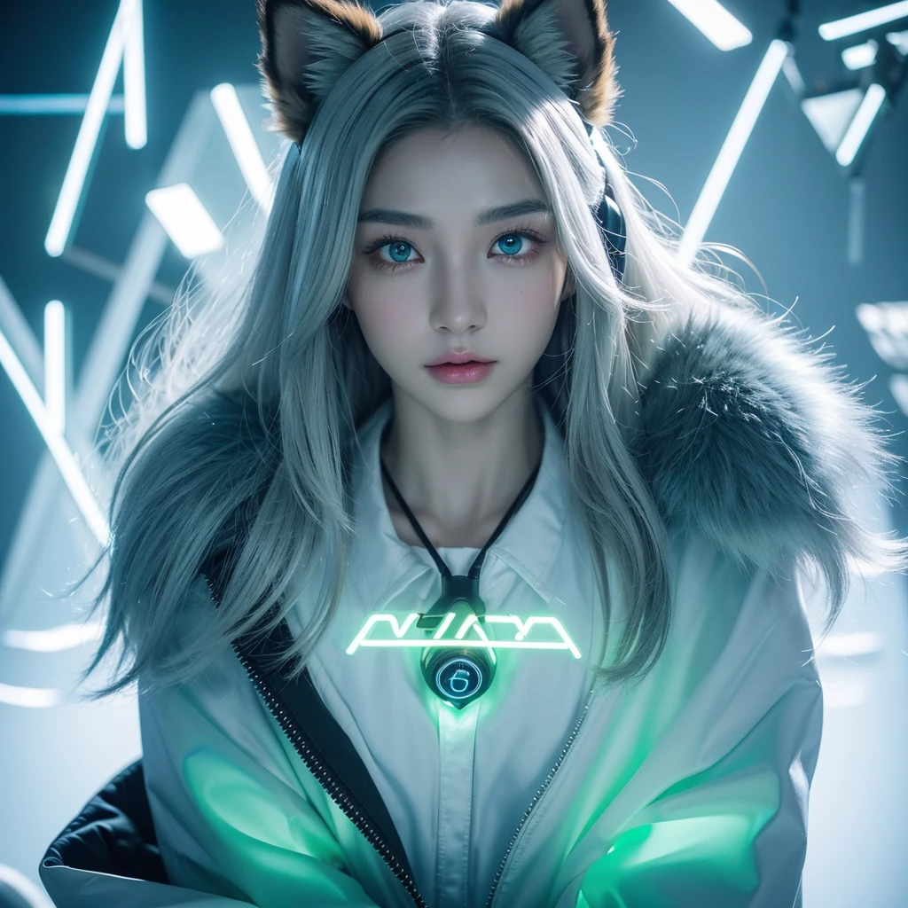 Young werewolf,Golden Fur,Wearing a black jacket with neon details,Wear an electronic mask,Wearing gaming headphones,avatar,Close-up of face,high quality,The art of math,,HD 4k realism,((Clear structural details)))Show details,Exquisite eyes,(Blue-green pupils)((Silvery-white glowing eyes))Slim,Soft,4K,Excellent quality,High Detail,Delicate fur,((Yellowtail in the right place))Light blue shirt。Pale yellow ears,hair,whole body,permanent,small short mouth,personification,domineering