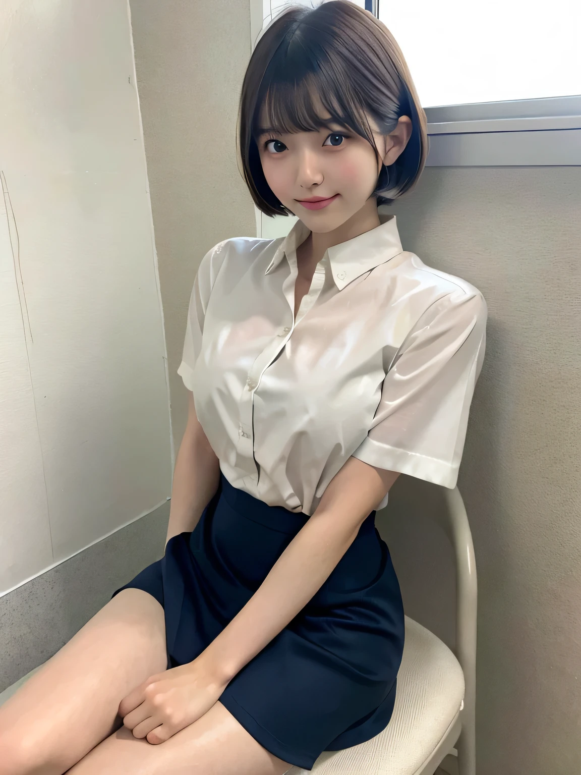 Japanese Girls、、Short Bob Cut、bangs、Brown eyes、Perfect figure、Transparency、Gloss、Glamorous breasts、White shirt with front opening、Navy Skirt、Hirotake、Burning body、Gravure idol pose、Light blue wall、Beautiful feet、Strong sunlight、dirty、雨にWet体、Wet,Sitting in a chair、I can see your thighs、smile