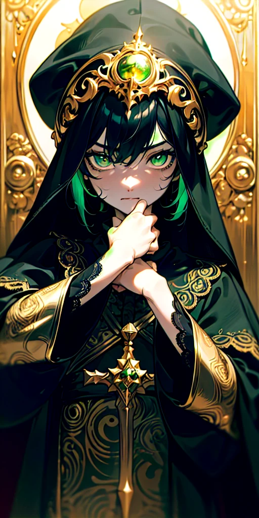 Output
((male)), ((short black hair 1.5)), ((eerie green eyes 1.5)), ((clutching_book_in_arms)), ((nervous_look 1.3)), ((eerie look 1.5)), ((darkness)), ((religious attire 1.5)), ((catholic)), ((MALE 100.5)), ((detailed face)), ((detailed expression)), ((beautiful eyes)), ((dark shadow casted on face by veil)), ((staring at camrea)), ((close up)), ((potrait)), ((glowing green eyes)), ((eerie feel 1.5)), ((dark 1.4)), ((wearing a mantle that has golden engravings)), ((wearing lace that decorates his attire)), ((dark coloured clothing 1.5)), @ @, Surrealism, anime style, chromatic aberration, UHD, retina, masterpiece, accurate, anatomically correct, textured skin, super detail, high details, high quality, award winning, best quality, highres, 8k, 16k, 1080P, HD, 4K