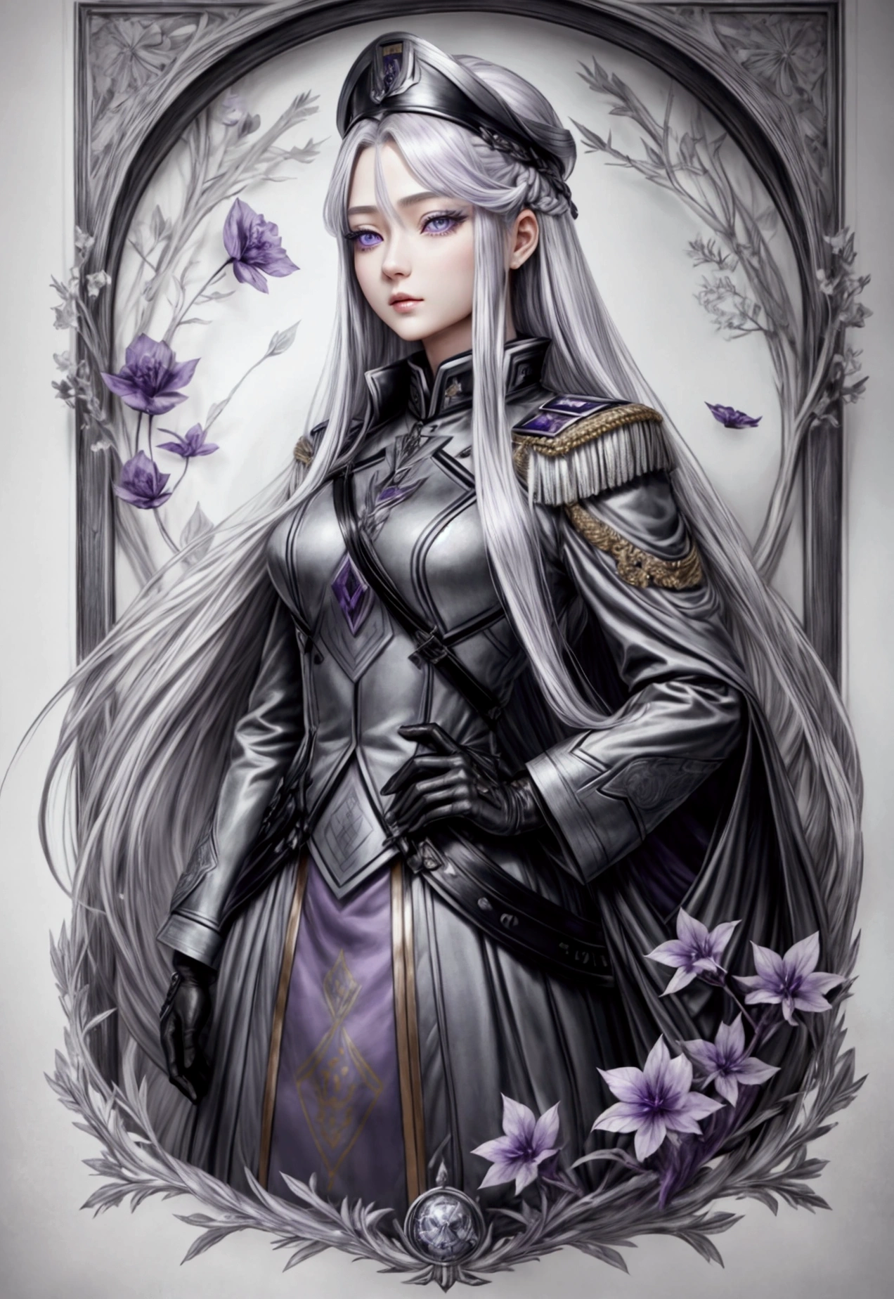 Highest quality、Delicate depiction、Beautiful woman、Silver Hair、Long Hair、Amethyst Eyes、Blue-gray military uniform、