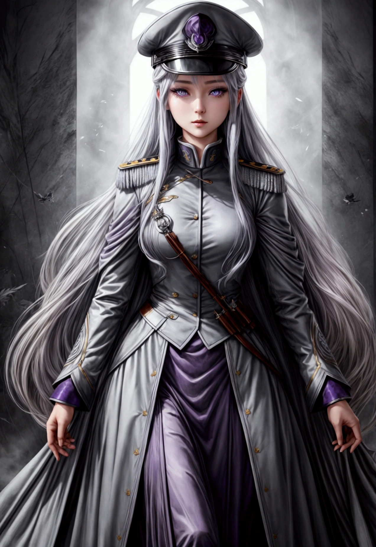 Highest quality、Delicate depiction、Beautiful woman、Silver Hair、Long Hair、Amethyst Eyes、Blue-gray military uniform、