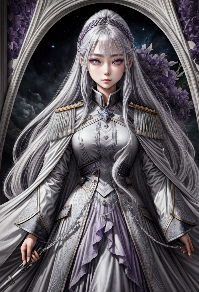 Highest quality、Delicate depiction、Beautiful woman、Silver Hair、Long Hair、Amethyst Eyes、Blue-gray military uniform、