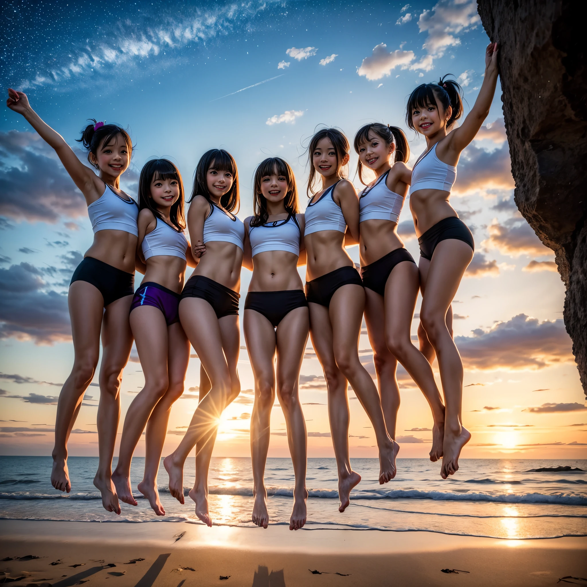 Masterpiece of ProfessionalPhoto ((ExtremelyDetailed (12 PICHIPICHI KAWAII Girls Floating in The Air in a row:1.37) in WHITE at Dusk Enoshima Beach)), {(Standing Full Body:1.2)|(from below:1.2)|Detailed KAWAII face}, Different types of hair colors, {(skinny(school swimwear))|(SchoolUniform)with Skinny AthleticShorts}, {(Corrected Childish hand)|Hidden hand|Different types of breasts|(Clearly Visible the shape of Butt)}, Joyful Expressions LifeLike Rendering, PerfectLighting, (Dazzling Horizon Visible through ThighGap), (Starry IridescentParticles:1.22) ColorfulClouds