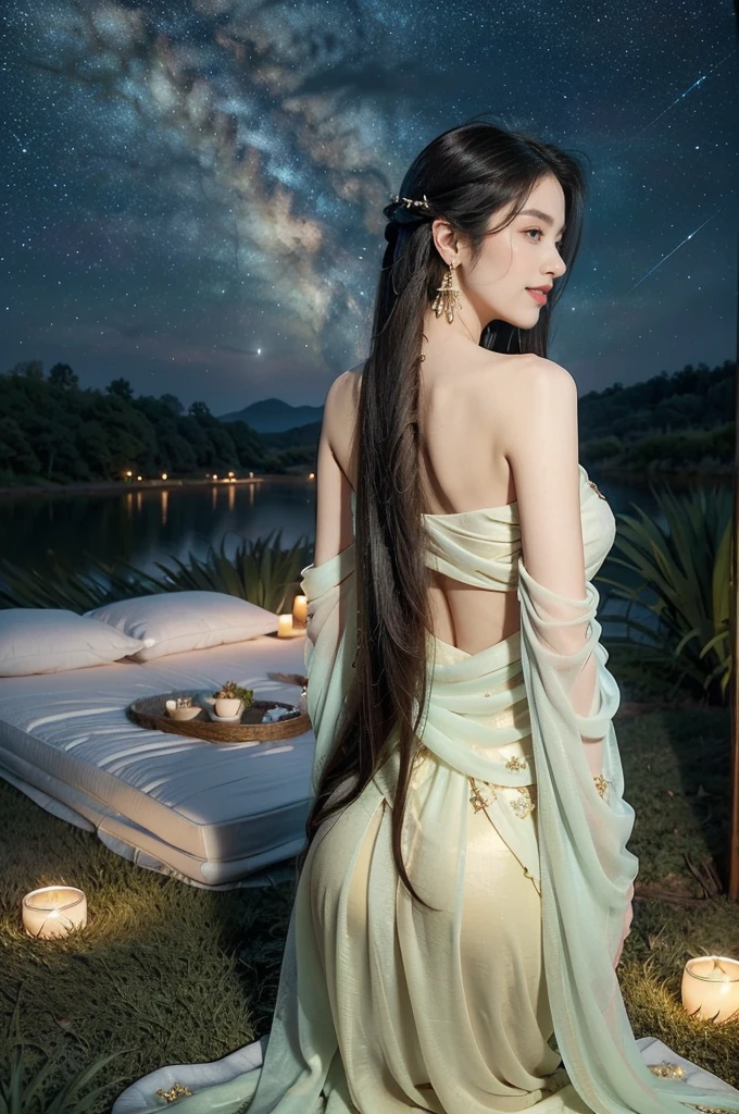 (((best quality))),(((ultra detailed))),(((masterpiece))),illustration,((a serene girl,solo)),(laughing:1.3),((earrings,necklace)),((slim,thin)),((bare back,towering hips,butt crack)),(sitting on luxurious mattress:1.3),((empty field,outdoor,horizon)),((starry sky,Milky Way)),(summer:1.2),(night scene:1.3),(gorgeous see through red sheer Hanfu dress:1.3),intricate patterns,vibrant colors,delicate face,piercing eyes,fair complexion,radiant glow,(shoulder length straight hair:1.3),rich fabric,embroidered designs,high status,platform elevation,soft cushions,plush blankets,serene ambiance,tranquil surroundings,calm demeanor,vibrant attire,ethereal beauty,wonder and awe,((from back,upper body))