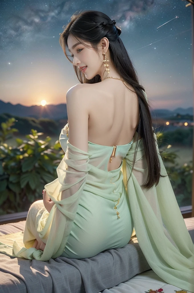 (((best quality))),(((ultra detailed))),(((masterpiece))),illustration,((a serene girl,solo)),(laughing:1.3),((earrings,necklace)),((slim,thin)),((bare back,towering hips,butt crack)),(sitting on luxurious mattress:1.3),((empty field,outdoor,horizon)),((starry sky,Milky Way)),(summer:1.2),(night scene:1.3),(gorgeous see through red sheer Hanfu dress:1.3),intricate patterns,vibrant colors,delicate face,piercing eyes,fair complexion,radiant glow,(shoulder length straight hair:1.3),rich fabric,embroidered designs,high status,platform elevation,soft cushions,plush blankets,serene ambiance,tranquil surroundings,calm demeanor,vibrant attire,ethereal beauty,wonder and awe,((from back,upper body))