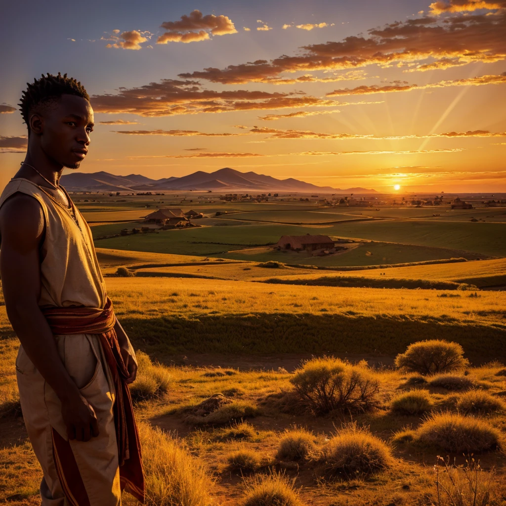 a painting of a town with a sunset in the background, african landscape, A very nice photo, warm and beautiful scene, incredibly pretty, Absolutely exceptional image, African steppe, amazing wallpaper, amazing background. There is a large town celebrating that covers the entire image