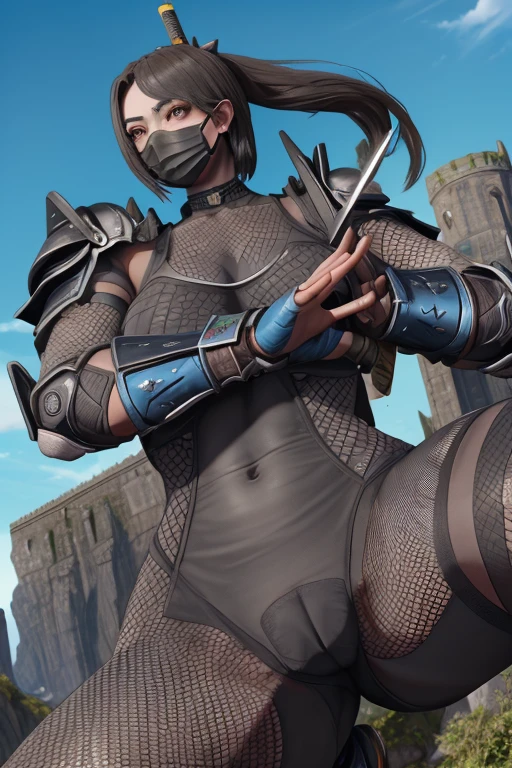 Excellent anatomy, masterpiece, Highest quality,Realistic, hyperRealistic, 16k hdr, like that, 赤いFishnet tightsのボディスーツ, Fishnet tights, Fingerless gloves, Arm guard, Shoulder Armor,Medium chest,Outdoor,Castle Background,blue sky,Dynamic pose,(Fighting Pose:1.2),Spread your legs,(Black Mask,Holding a sword:1.1),Camel Toe