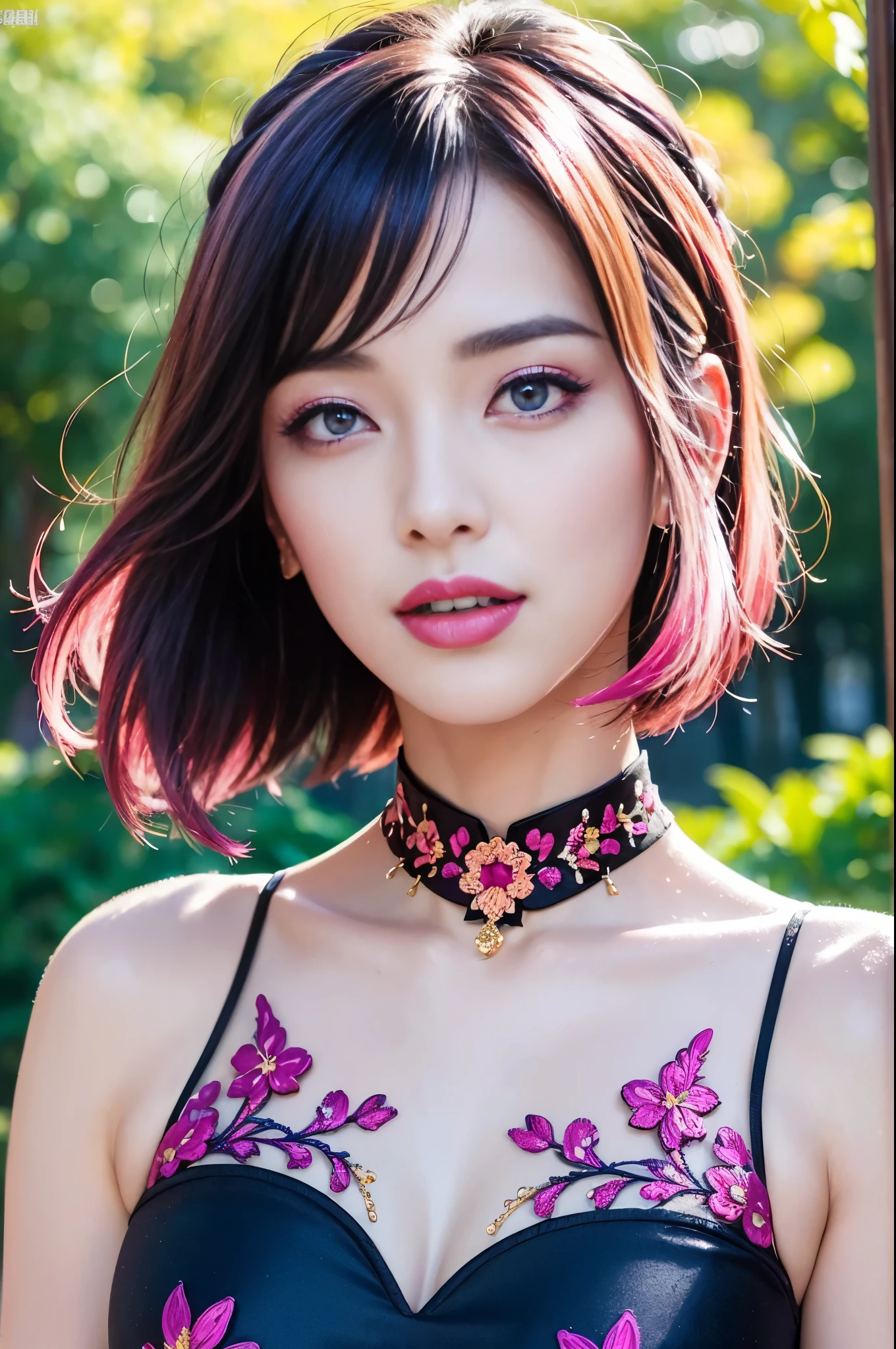 (masterpiece:1.4), (best quality:1.4), ultra high res, ultra high resolution, ((ultra detailed facial features)), HDR, (realistic, photorealistic, photo-realistic:1.37), full body Esbian, sexy Swedish model, (-anime), vivid colors, ((vivid colors multicolor (fuchsia, pink, light blue, purple) very short hair)), (seductive smile), ultra detailed metallic makeup, lip-gloss, long lashes, defined eyebrows, wearing large sparkling colorful jewelery, wearing a red silk Paradise Kiss cosplay dress with black floral embroidery, ((vivid colors outfit)), vivid colors, look at the camera, cinematic light, large park background with trees, sweet and sexy pose