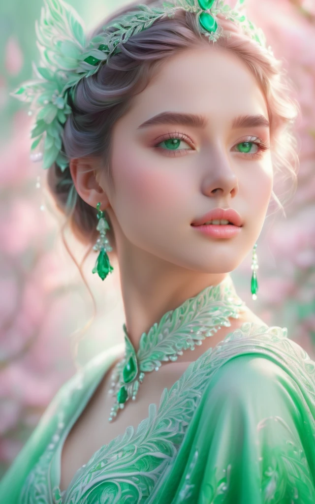 (best quality, 4K, 8K, high-resolution, masterpiece), ultra-detailed, colorful pastel, beautiful young woman, digital art, detailed facial features, light pink tones, emerald tones, charming character illustrations, soft focus, intricate design, gentle expression, ethereal atmosphere, vibrant colors, delicate details, artistic elegance, high detail, high resolution.