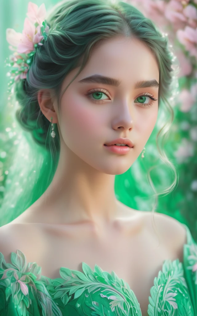 (best quality, 4K, 8K, high-resolution, masterpiece), ultra-detailed, colorful pastel, beautiful young woman, digital art, detailed facial features, light pink tones, emerald tones, charming character illustrations, soft focus, intricate design, gentle expression, ethereal atmosphere, vibrant colors, delicate details, artistic elegance, high detail, high resolution.