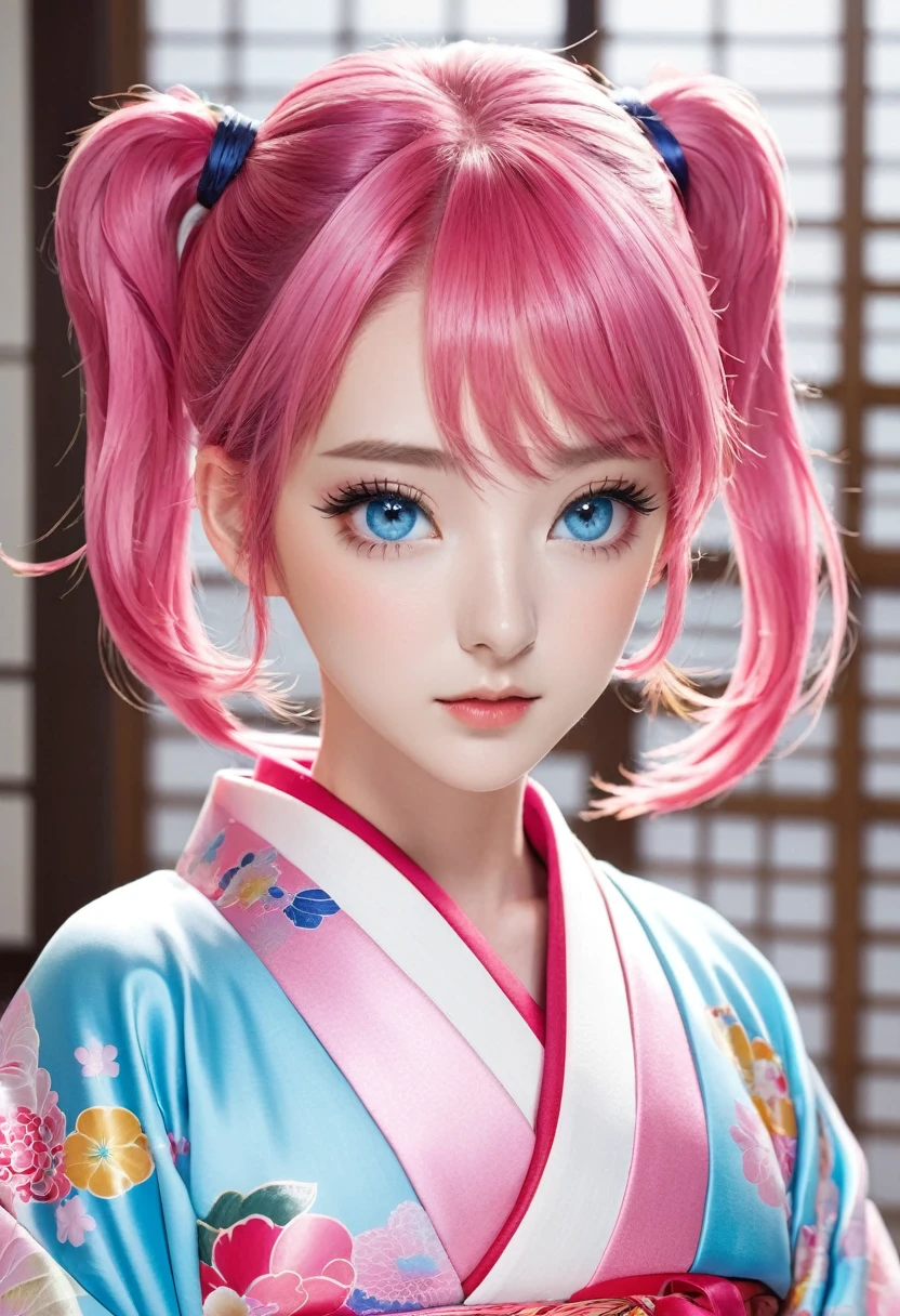 Pink Hair ponytail 1 female Light blue eyes Pink eyebrows Idol Pose Jinhaori kimono