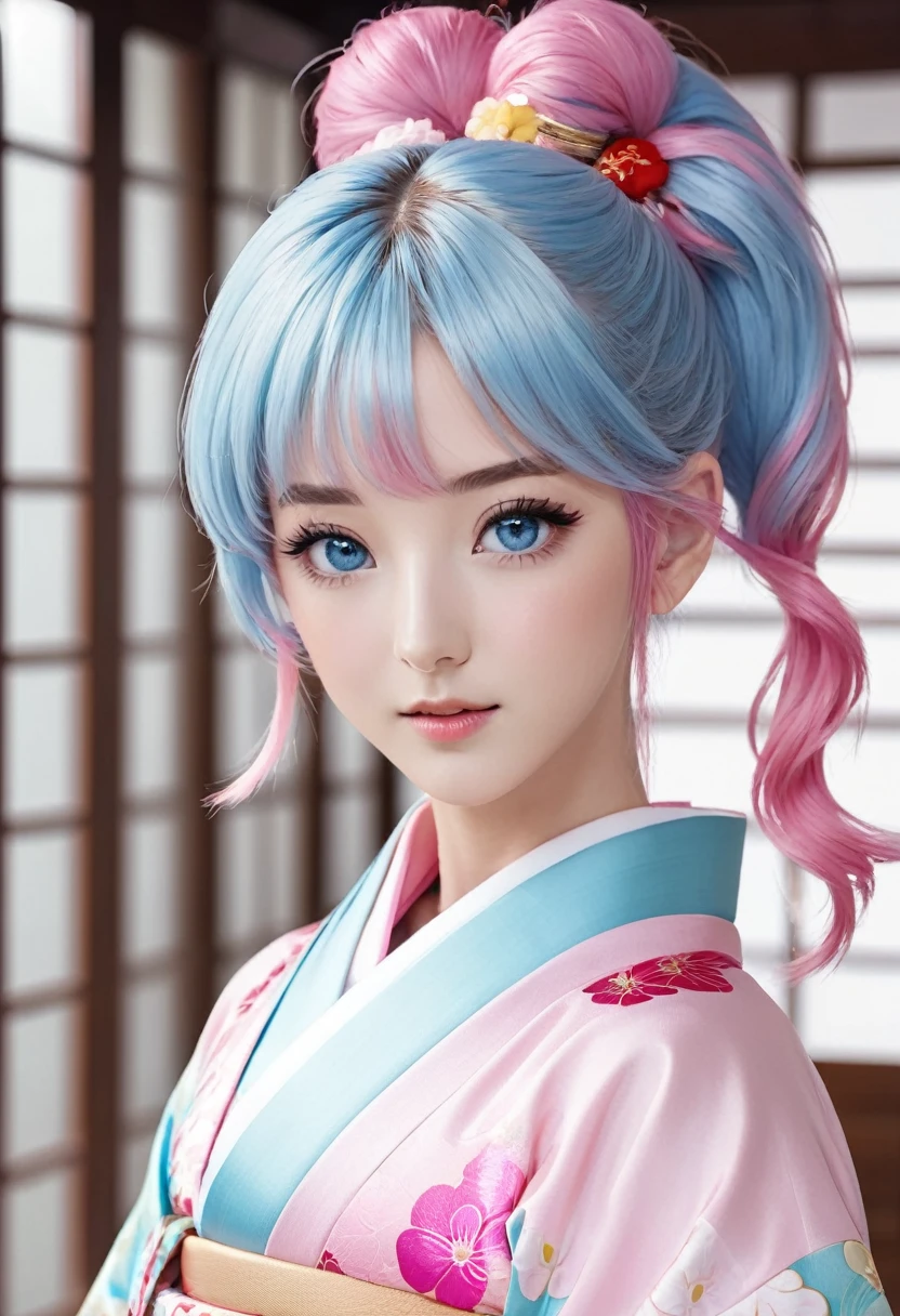 Pink Hair ponytail 1 female Light blue eyes Pink eyebrows Idol Pose Jinhaori kimono