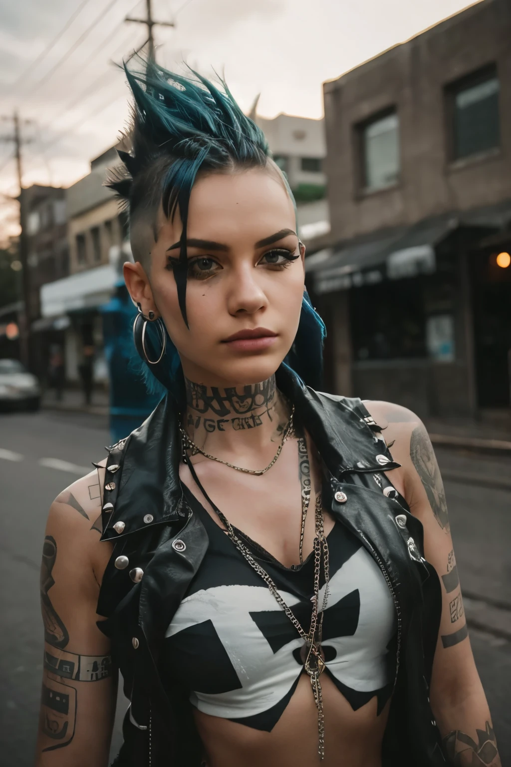 Photorealistic, ultra-detailed, ((Rocker punk girl, spiky mohawk hair)) girl, portrait photo, Solo, dimly lit room, edgy urban scene with graffiti, dark and moody, late evening, city lights flashing, neon lighting The essence of rock and roll, fringe hair, 18 years old, assertive, confident expression, showcasing multiple piercings, blurry background, Crystal clear eyes gleaming with passion, analogue style, grunge texture, Best contrast, industrial, Instagram LUT, Professional, 4k, electrifying gaze, shot on Nikon, 50mm, shallow depth of field, K
