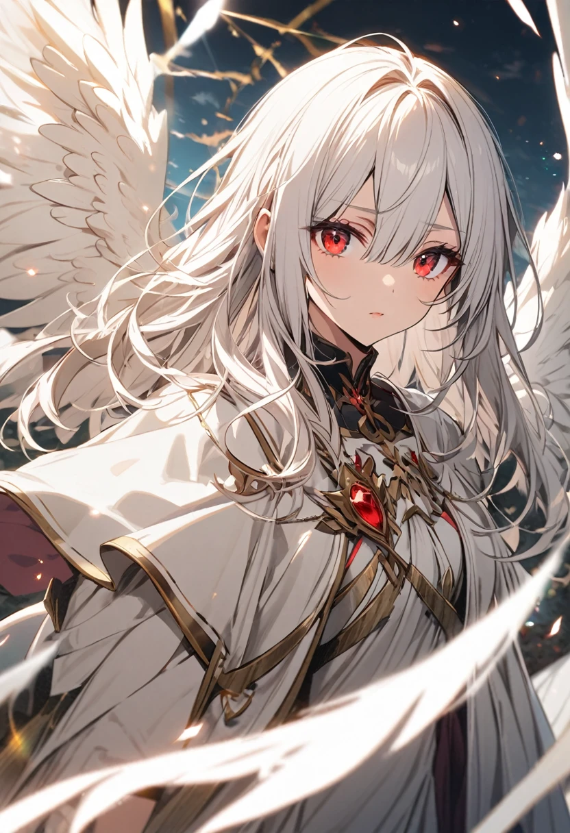woman, white hair, red eyes, white robe, white wings 