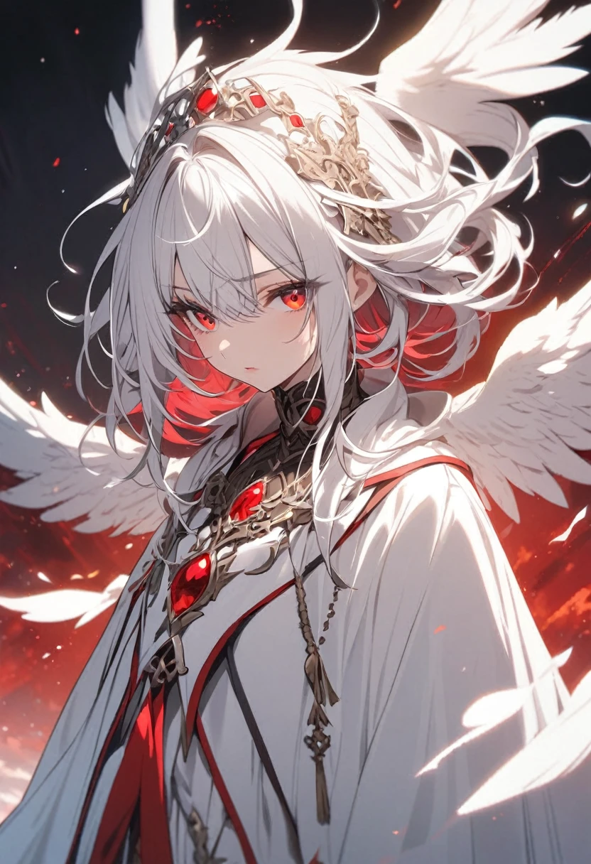 1 boy, Japanese costume, golden eyes, long hair, white hair, calm look, light background, halo on head, red halo, angel wings, black wings.