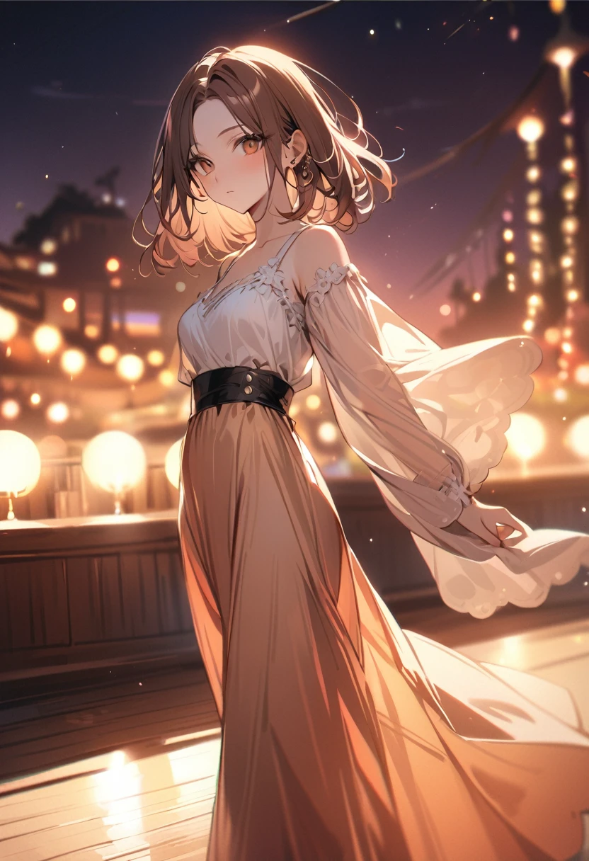 (masterpiece), (high resolution 8K), detailed eyes and face, detailed body, (extremely detailed and beautiful background), (depth of field:1.4), beautiful detailed glow light particles,
BREAK 1 girl, bob, center part, forehead, brown hair, piercing, brown eyes, expressionless,
BREAK model posing, maxi dress, night party,