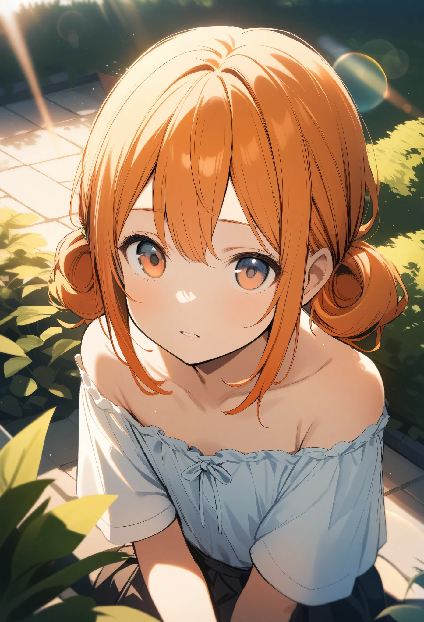 One -yeld gi Off-the-shoulder shirt、(Orange hair color,Inner color hairstyle), Beautiful Hair, Facial Contour, Remember, ,garden, splash, Lens flare, noon, bright, Natural Color, High resolution, Very delicate, Very detailed, 8k、Top view、Shyness,(((Sexual)))