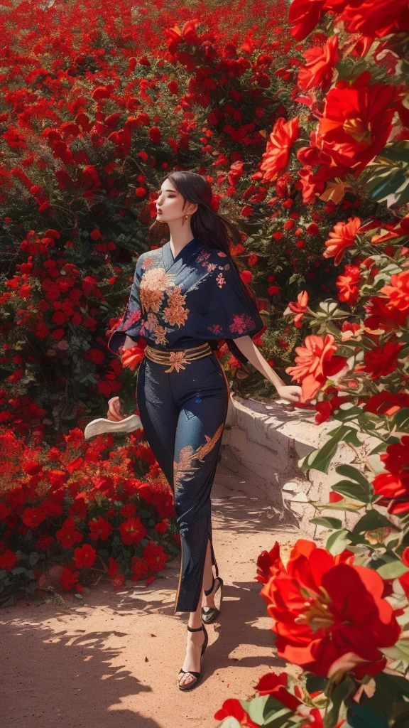 1 young japan girl solo, black hair, blue eyes, kaveh genshin impact, black top, gold and red embroidered details, golden accessories, silver pants, white gloves, feather hair ornament, shiny eyes (masterpiece),((top-quality)),(offcial art),(Beautiful and indulgent:1.2),(1manin:1.3),Detailed drawing, have big sword, Vibrant colors。colourfull、highestdetailed ((ultra-detailliert)),(Highly detailed 3D illustrations),((Extremely delicate and beautiful))Super Detail,atmosphric perspective,dust particle, iridescent, glowing, surrounded by dark red lily flowers, (((walking on a flower field at sunrise, sunrise light many flowers around, soft clouds in the blue sky, dreamy soft light)))