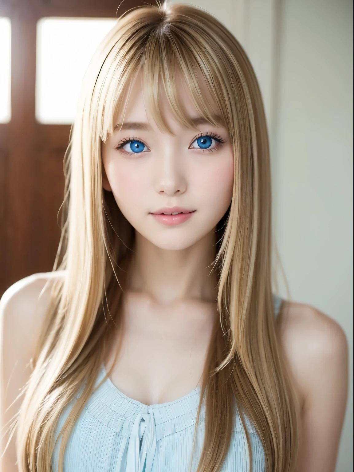 Extraordinary sexy beauty、beautiful, A kind and bright expression、Sexy and refreshing look、完璧なbeautifulかわいい顔、Long bangs between the eyes,、Very long light blonde straight hair、beautiful顔、very cute、beautifully、Sexy young tiny woman、とても完璧でbeautifulかわいい顔、Big, sparkling, light blue eyes、22 year old student、Young Western Woman、beautiful white shiny skin、Highlights of cheek luster