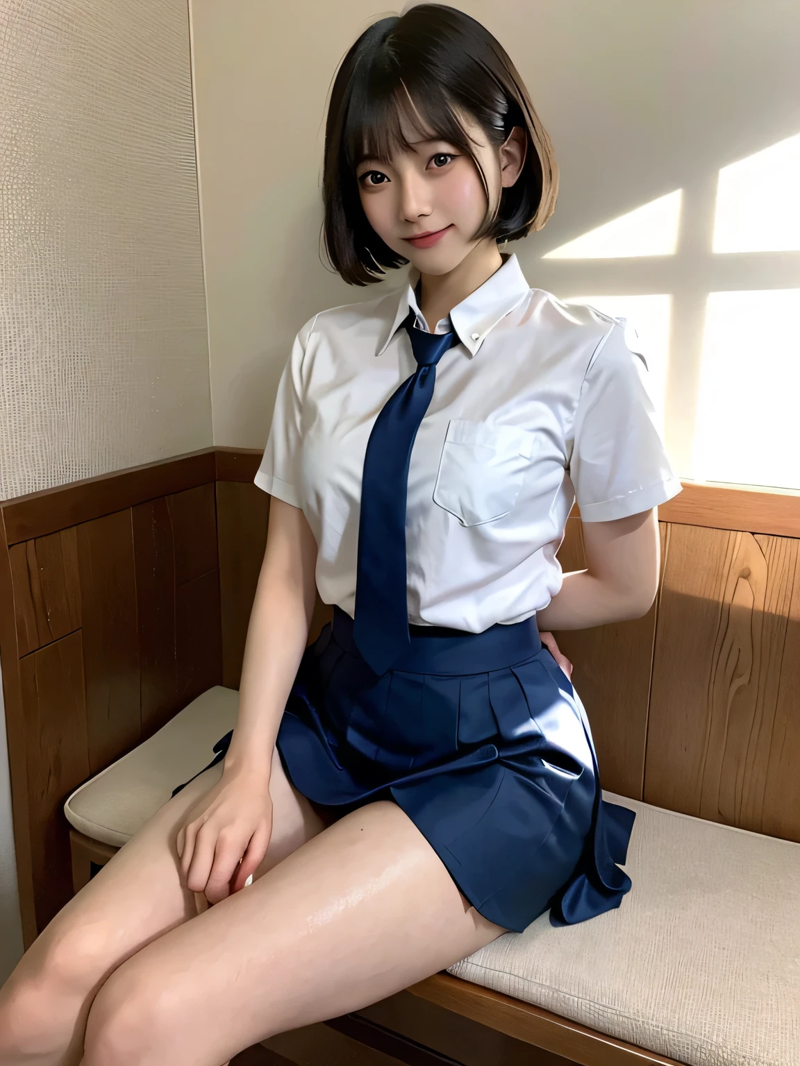 Japanese Girls、-yeld giShort Bob Cut、bangs、Brown eyes、Perfect figure、Transparency、Gloss、Glamorous breasts、、Navy blue tie、White shirt、Red Skirt、Hirotake、Burning body、Gravure idol pose、Light blue wall、Beautiful feet、Strong sunlight、dirty、雨にWet体、Wet,Sitting in a chair、I can see your thighs、smile