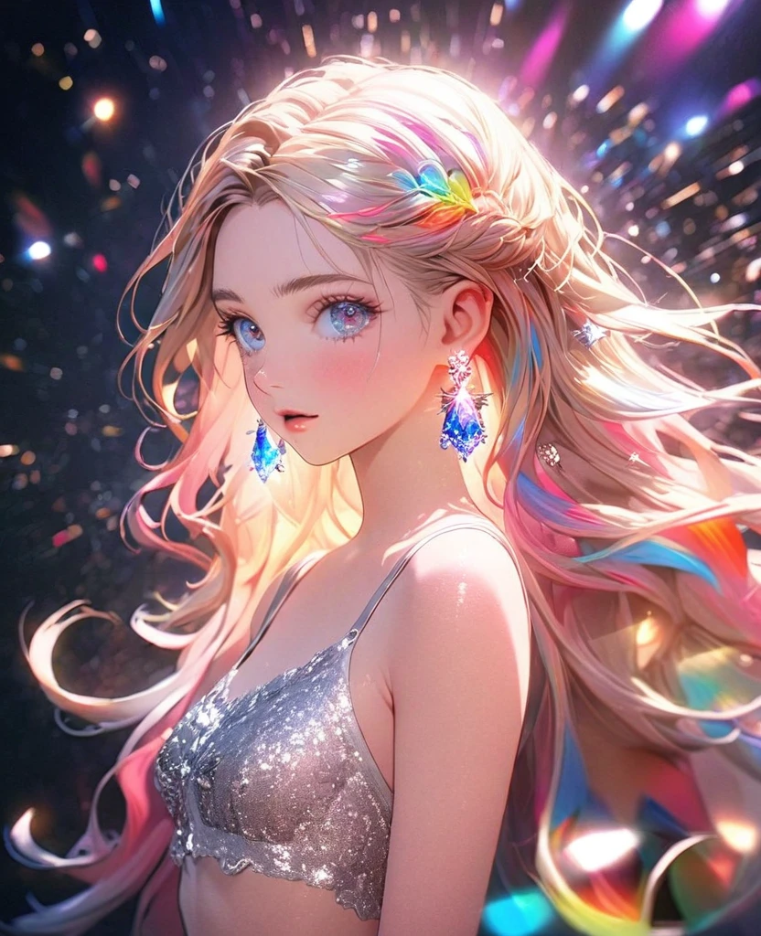 8K,gal，an extremely delicate and beautiful,Beautiful and realistic skin,Shiny jewel-like earrings,Shine like glitter long colorful hair,beautiful eyes,glitter background,full body,tanktop,lingerie