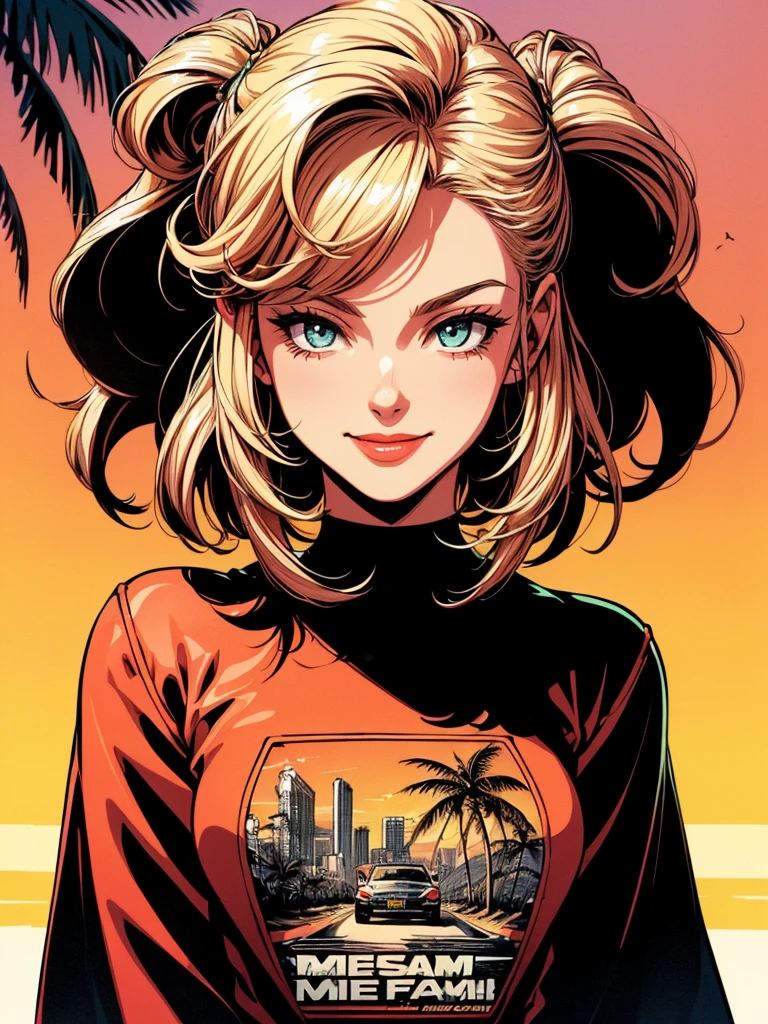 retro girl, smiling, Miami, sunset, Ferrari, palm tree, 90's, (flat colors, flat texture, lineart:1.2), graphical design, (heavy ink, ink blacks),
sultry look, seductive,