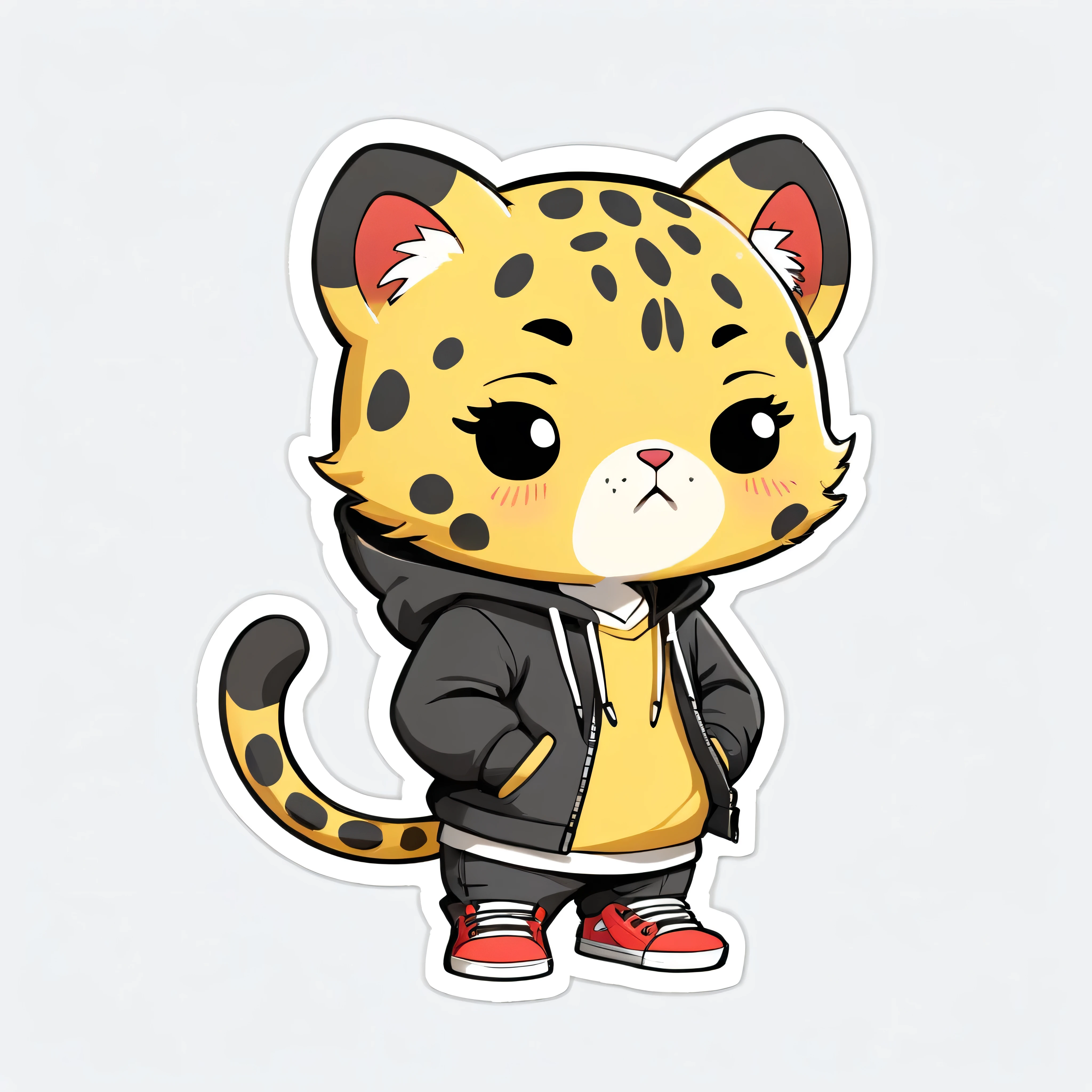 Cartoon image of A Cool Yellow Leopard wearing black hoodie, hands in pockets, Black pants, Red sneaker, Cartoon style illustration, Cartoon Art Style, Cartoon Art Style, Digital illustration style, Highly detailed character design, cute detailed digital art, Fan Art, Animal Sticker, Animal Character Design, Sticker Design, beautiful digital illustration, high quality full body sticker, Comic art, Kawaii Character Design, Chibi, Chibi Design, white background