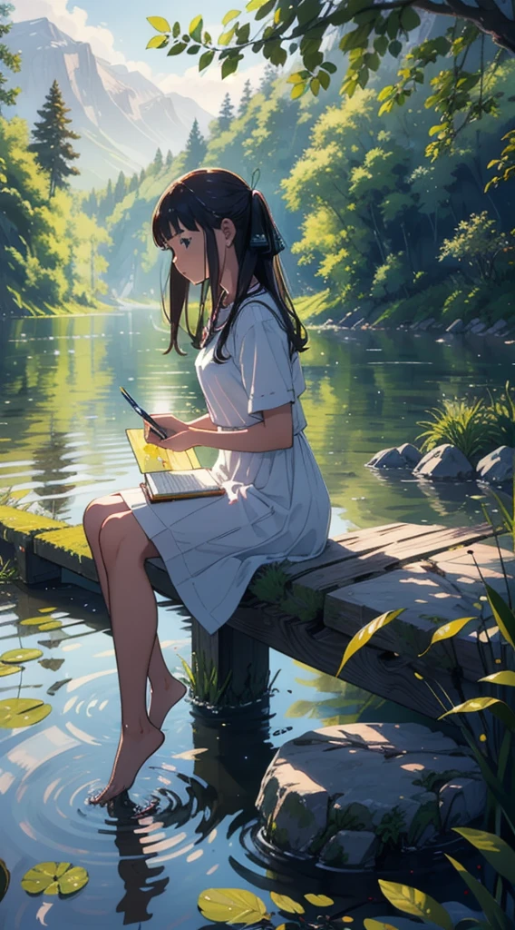 Painting by the Lake: The girl sitting alone by a quiet lake, painting or sketching in a notebook. The tranquil water and surrounding nature add to the peaceful, solitary atmosphere