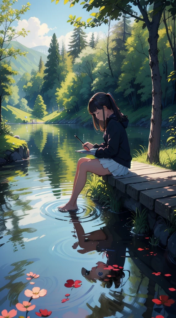 Painting by the Lake: The girl sitting alone by a quiet lake, painting or sketching in a notebook. The tranquil water and surrounding nature add to the peaceful, solitary atmosphere