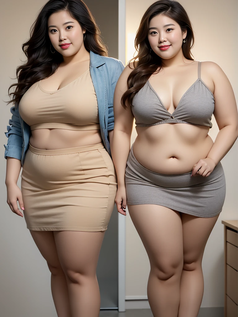 ((masterpiece))、((Realistic depiction))、High resolution、Obese、Japanese women、Super big breasts、H Cup、Height: 175cm、fat girl、Beige bra、Grey skirt with slit、Beige panties、Very shy、Smiling、An empty office of a large company , Very big ass, Dimly lit office、She is wearing light brown pumps、