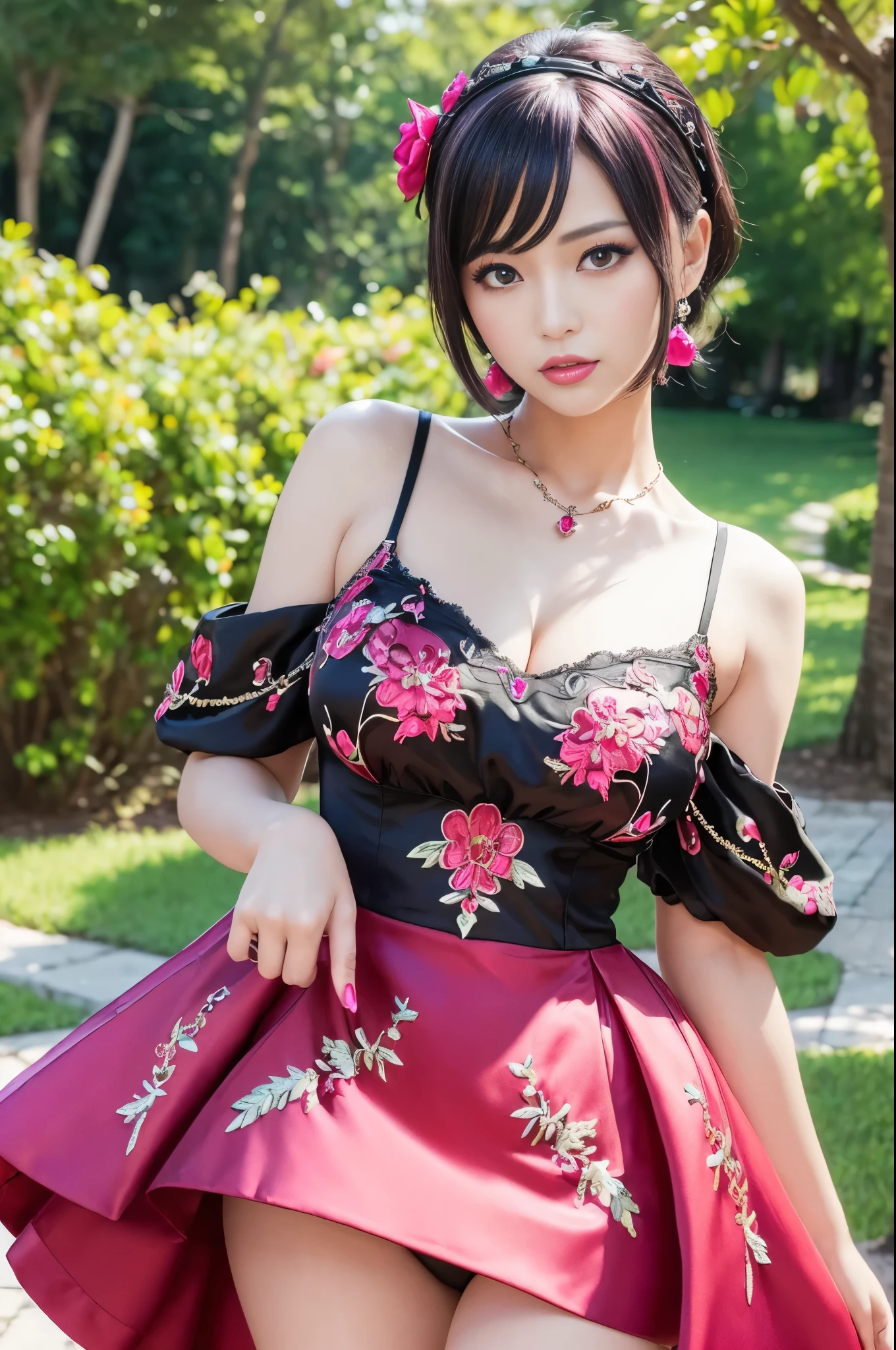 (masterpiece:1.4), (best quality:1.4), ultra high res, ultra high resolution, ((detailed facial features)), HDR, (realistic, photorealistic, photo-realistic:1.37), full body Esbian, sexy Thai model, (-anime), vivid colors, ((vivid colors multicolor (red, fuchsia) very short hair)), ((seductive smile)), lip-gloss, long lashes, ultra detailed metallic makeup, defined eyebrows, wearing large sparkling colorful jewelery, (wearing a red silk Paradise Kiss cosplay dress with black floral embroidery), ((vivid colors outfit)), vivid colors, look at the camera, cinematic light, large park background with trees, sweet and sexy pose