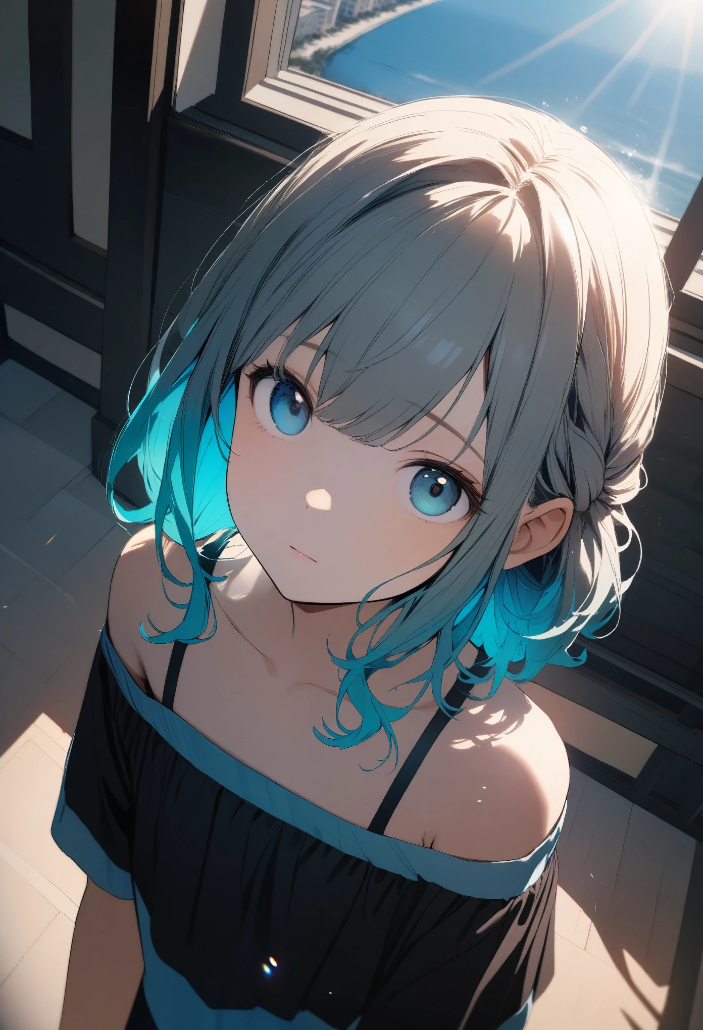 One -yeld giOff-the-shoulder shirt、 (Inner color hairstyle), Beautiful Hair, Facial Contour, Remember, ,Hotel, splash, Lens flare, noon, bright, Natural Color, High resolution, Very delicate, Very detailed, 8k,((((Sexual)))),Shyness、Angle of view is upper body、Angle from above