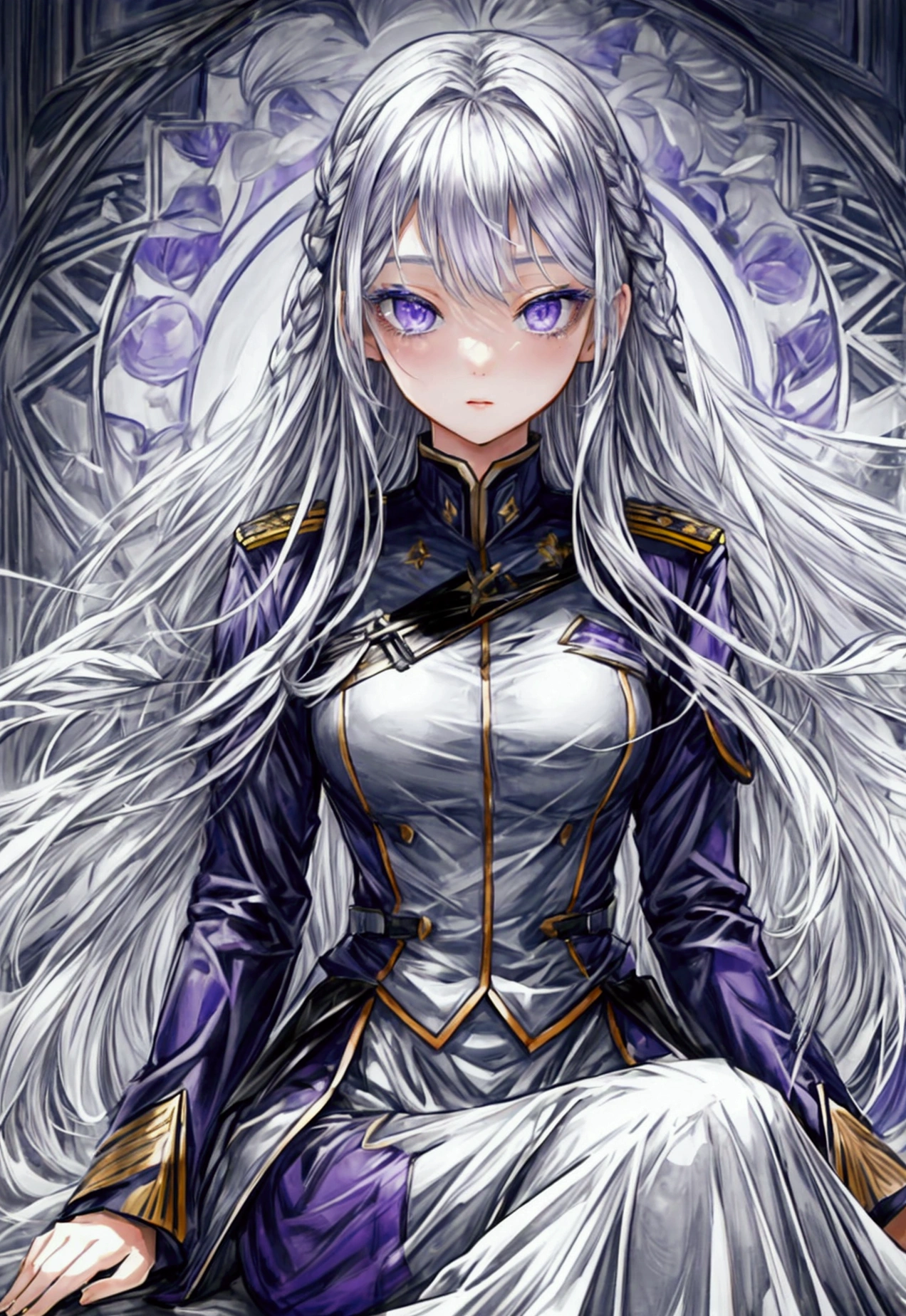 Highest quality、Delicate depiction、Beautiful woman、Silver Hair、Long Hair、Amethyst Eyes、Blue-gray military uniform、