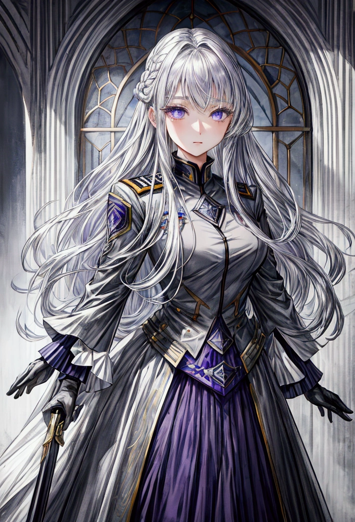 Highest quality、Delicate depiction、Beautiful woman、Silver Hair、Long Hair、Amethyst Eyes、Blue-gray military uniform、