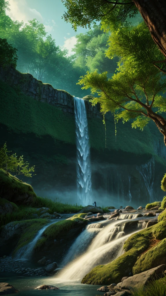 A landscape, forest, towering trees, next to a waterfall, tall waterfall, dreamy, realism, masterpiece, dreamy lighting, 8x quality, 8k resolution, 8x upscale