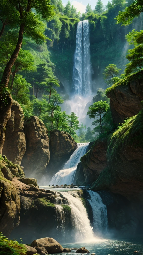 A landscape, forest, towering trees, next to a waterfall, tall waterfall, dreamy, realism, masterpiece, dreamy lighting, 8x quality, 8k resolution, 8x upscale
