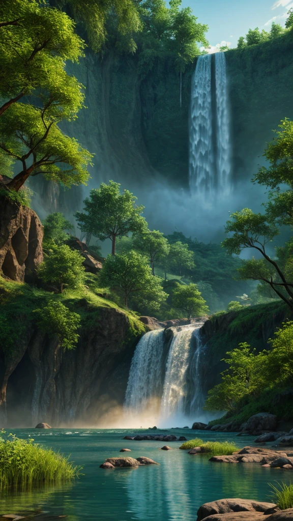 A landscape, forest, towering trees, next to a waterfall, tall waterfall, dreamy, realism, masterpiece, dreamy lighting, 8x quality, 8k resolution, 8x upscale