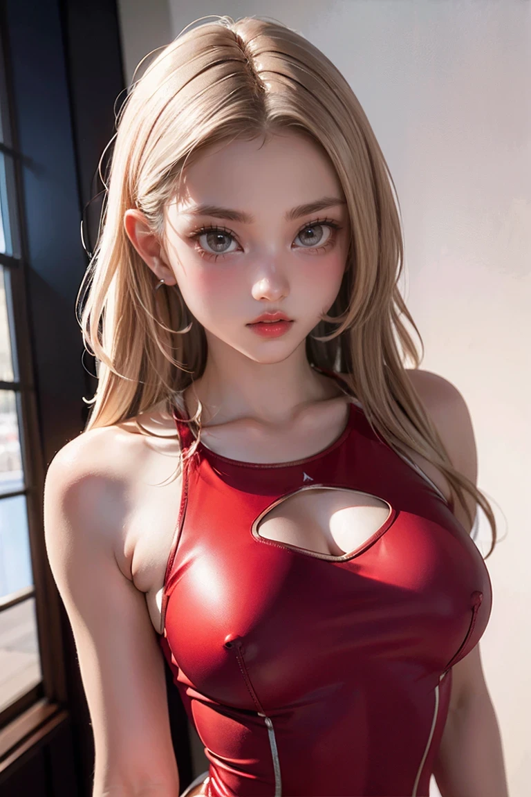 bionde, girl, (1980s style), ((Red sleeveless tight dress)), ,Long Hair, (Browsing Caution:1.0),背の高いsupermodel、Long-legged supermodel、supermodel,((Highest quality、Best image quality、Ultra-high resolution、Drawing with Ultra-high resolution、Very beautiful adult Nordic woman、Strong eye highlights)),Browsing Caution,(See through)