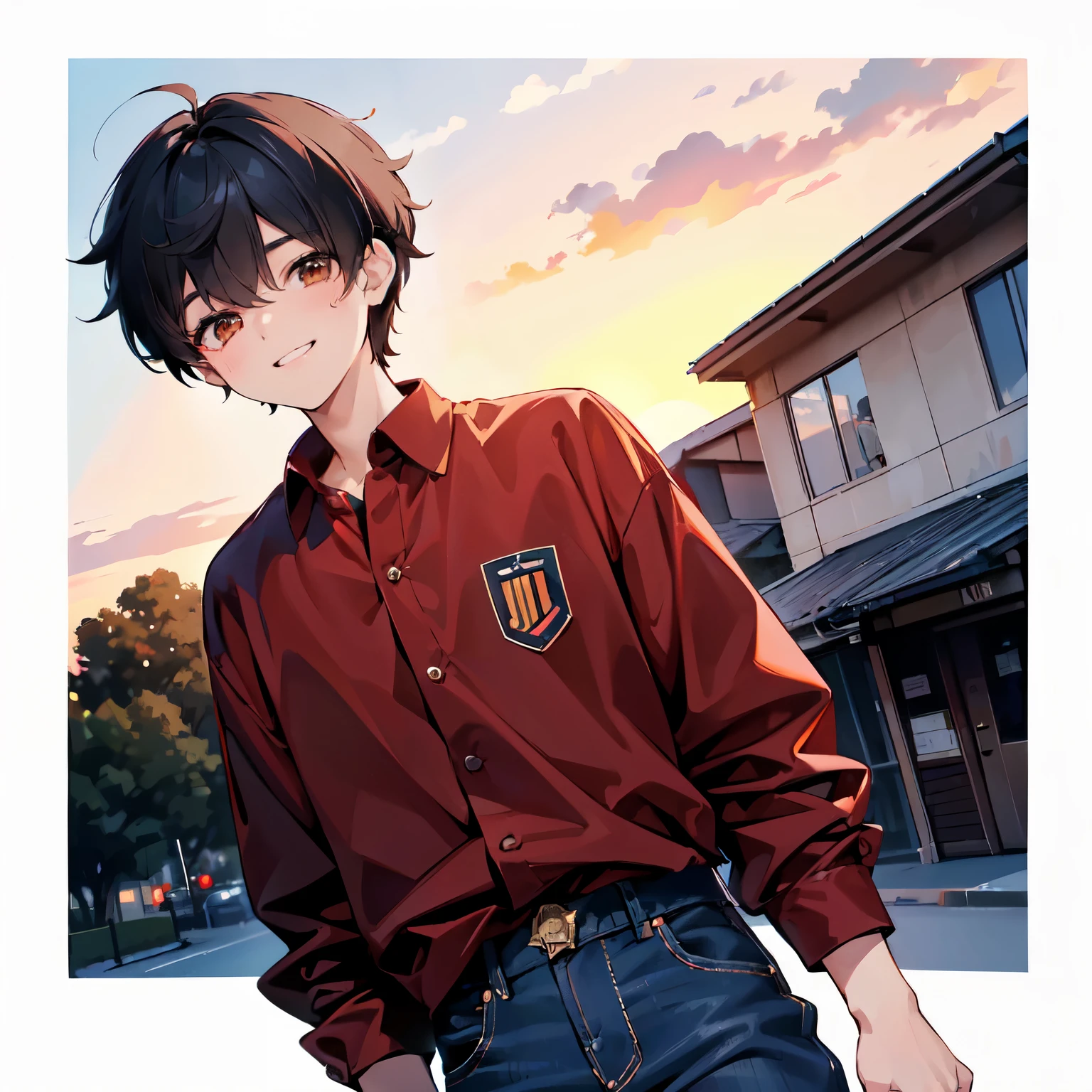 masterpiece, best quality, ultra detailed, fine details, boy, 1boy, brown eyes, red tshirt, long sleeve button up shirt, Blue jeans, lean body, school background, sunset, average height, teenager, messy black hair, black hair, short voluminous hair, spiky hair, smiling face