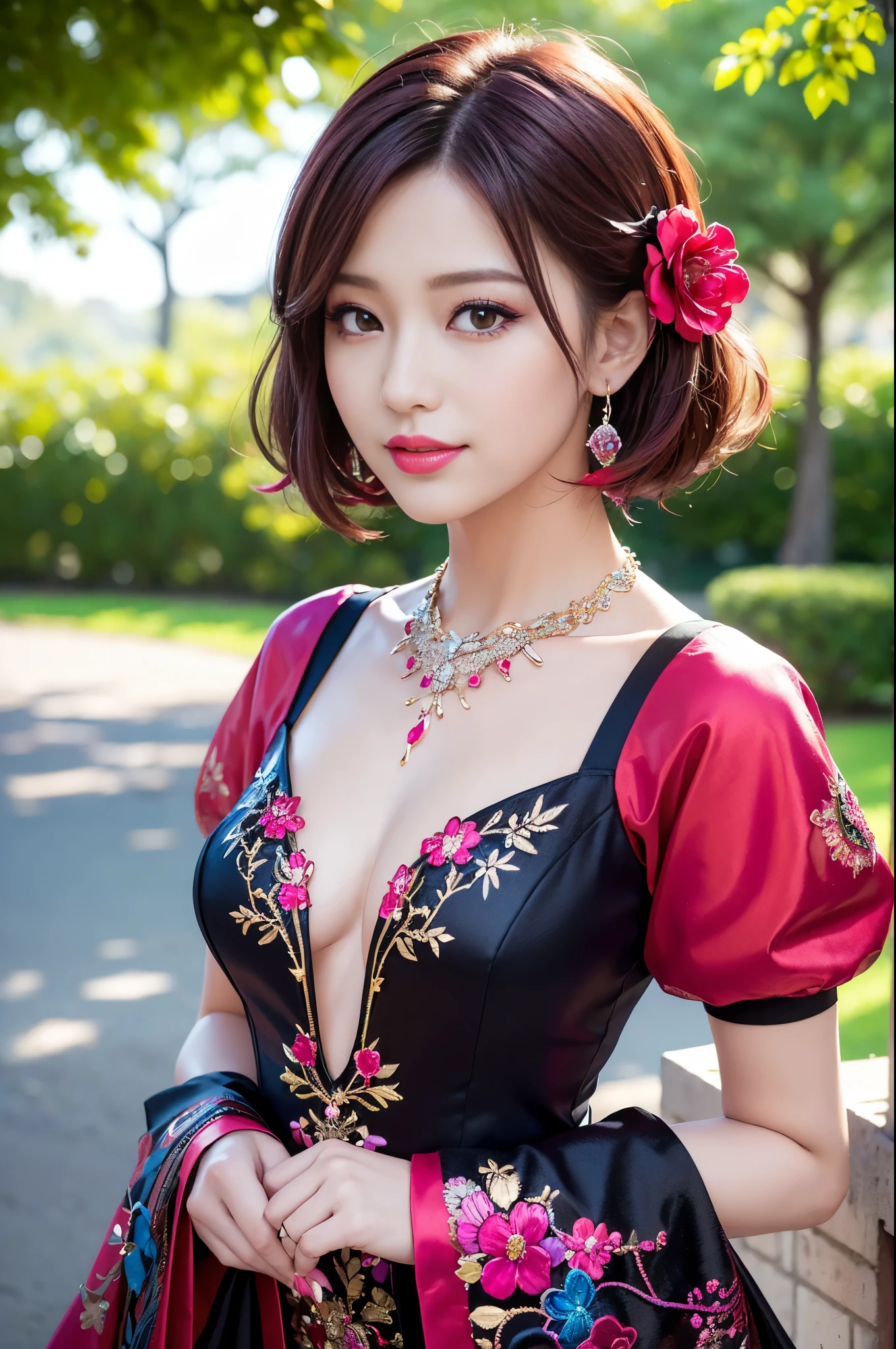 (masterpiece:1.4), (best quality:1.4), ultra high res, ultra high resolution, ((detailed facial features)), HDR, (realistic, photorealistic, photo-realistic:1.37), full body Esbian, sexy Japanese model, (-anime), vivid colors, ((vivid colors multicolor (red, fuchsia) very short hair)), (happy smile), lip-gloss, long lashes, ultra detailed metallic makeup, defined eyebrows, wearing large sparkling colorful jewelery, wearing a red silk Paradise Kiss cosplay dress with black floral embroidery, ((vivid colors outfit)), vivid colors, look at the camera, cinematic light, large park background with trees, sweet and sexy pose