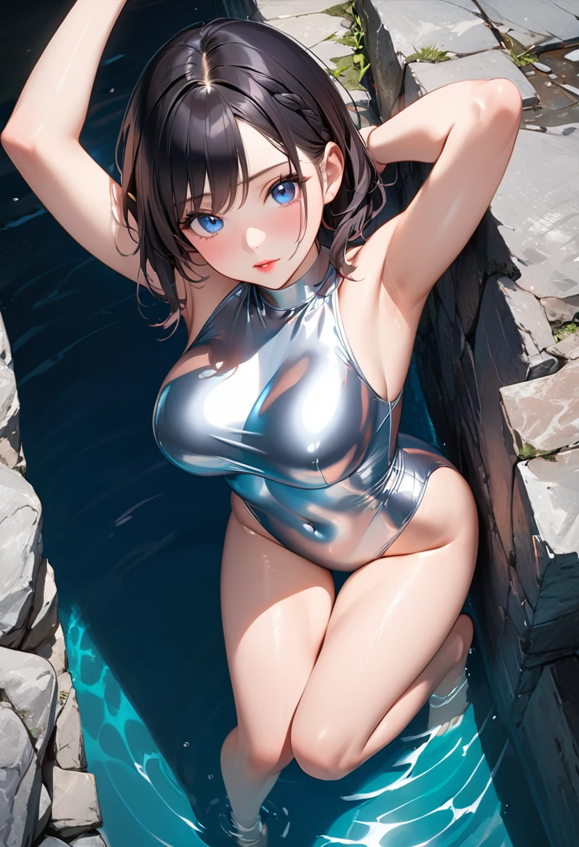 Highest quality, masterpiece, Ultra-high resolution, (Realistic:1.2), RAW Photos, Intricate details, Portraiture, Big beautiful blue eyes:1.2, Perfect contours, Girl, break ((full body:1.2, overhead shot:1.3, upturned eyes:1.2)), ((petite, short, tiny girl:1.2)), cameltoe, Black Hair、Braided Bob, break (parted mouth, full lips:1.3, pink lips, shiny rips:1.2), (perky breasts:1.2, high breasts:1.3), (curvy waist:1.2,), Competitive swimmer, (one piece:1.2, turtleneck:1.2, Sleeveless swimsuit:1.2, barefoot), break (High gloss metallic silver:1.3, tight high leg swimsuit:1.2), break ((Isolated summit of the highest mountain:1.3、Sitting on the edge of a cliff:1.2)), (Stretch a lot)、(Anxious expression、His mouth is twitching with fear、Tears in my eyes), (Wet Skin:1.3), (armpits:1.3), (empty-handed)、(The background is a blue sky with clouds moving at high speed)、