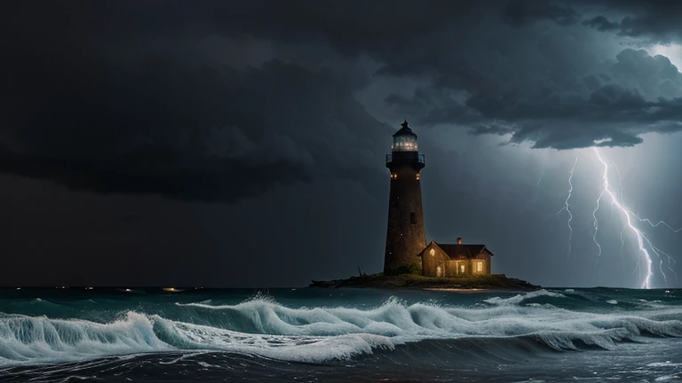 Picture of an abandoned dark lighthouse in a crumbling harbor, Dark horror, night, storm, heavy thunderclouds, twilight, branched lightning distortedly reflected in the sea, Pouring rain, high dark waves, strong hurricane wind, bending trees on the shore, oppressive heavy atmosphere, a feeling of doom and inevitability
