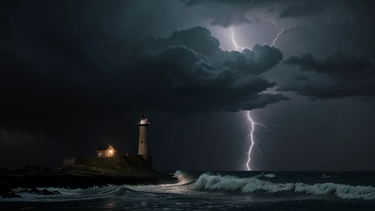 Picture of an abandoned dark lighthouse in a crumbling harbor, Dark horror, night, storm, heavy thunderclouds, twilight, branched lightning distortedly reflected in the sea, Pouring rain, high dark waves, strong hurricane wind, bending trees on the shore, oppressive heavy atmosphere, a feeling of doom and inevitability