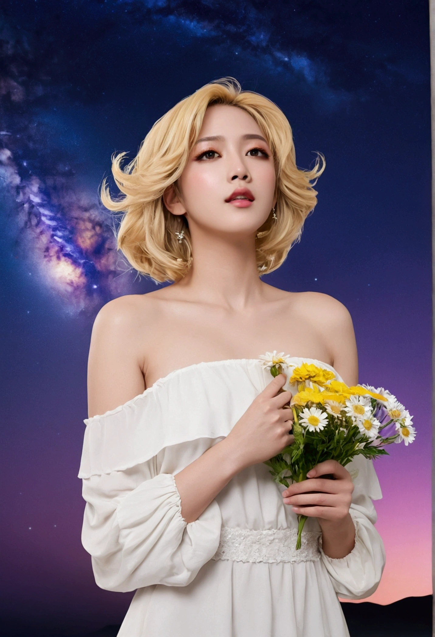 (Best quality, masterpiece), 1girl, pose,cum, shemale, tranny, wind, flower, upper body, simple background, looking at the audience, blonde, milky way, aesthetic