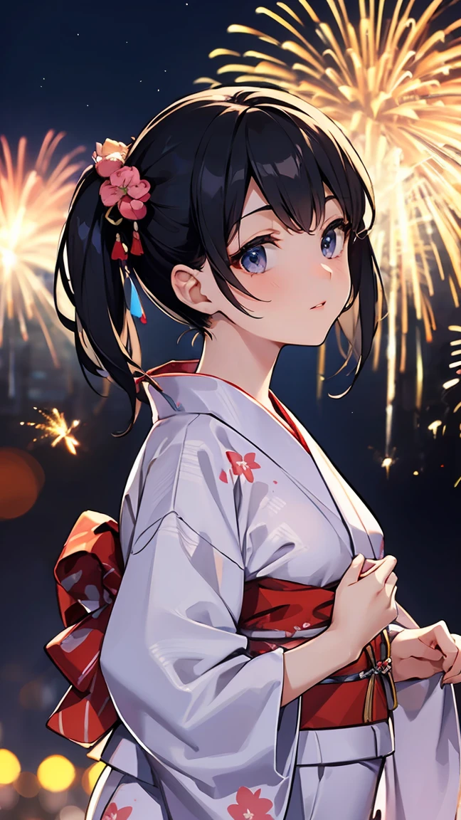 ((masterpiece)), ((best quality)), perfect detailed eyes, perfect detailed face, ultra-detailed nose, Summer festival, yukata, traditional Japanese clothing, fireworks bursting into the night sky, fireworks, black hair, twintails, very long hair, cowboy shot